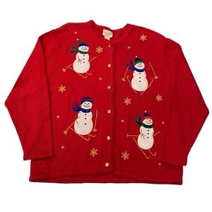 Crystal Kobe Snowmen at Play Red Embroidered Christmas Winter Cardigan Size L
